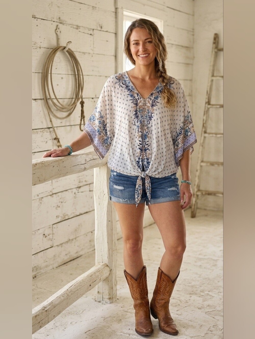 Nostalgia| Cream Floral Tie-Front Boho Blouse
